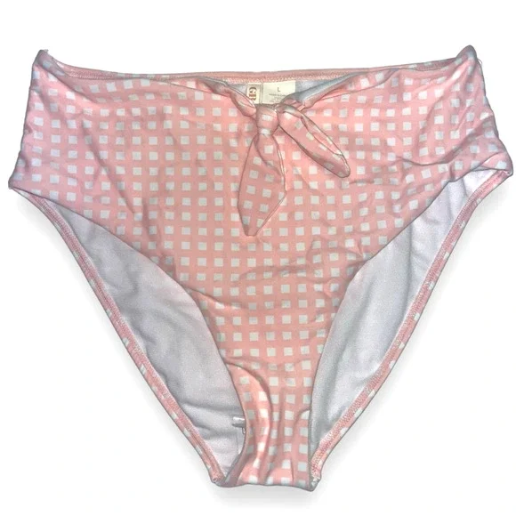 GB Gianna Bini High-Waist w/ Tie Bikini Bottoms | Pink White Check | Sz L, NEW - Picture 8 of 8